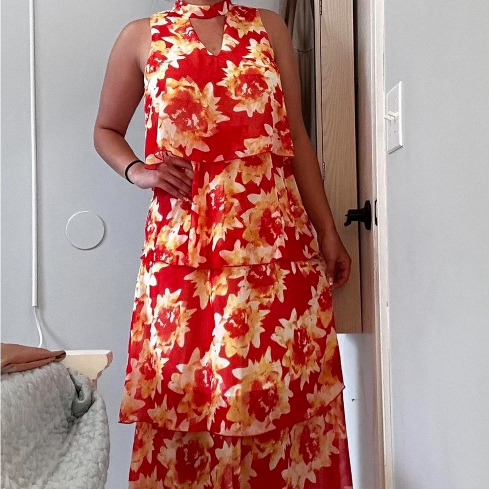 Floral Red and Yellow Maxi Dress